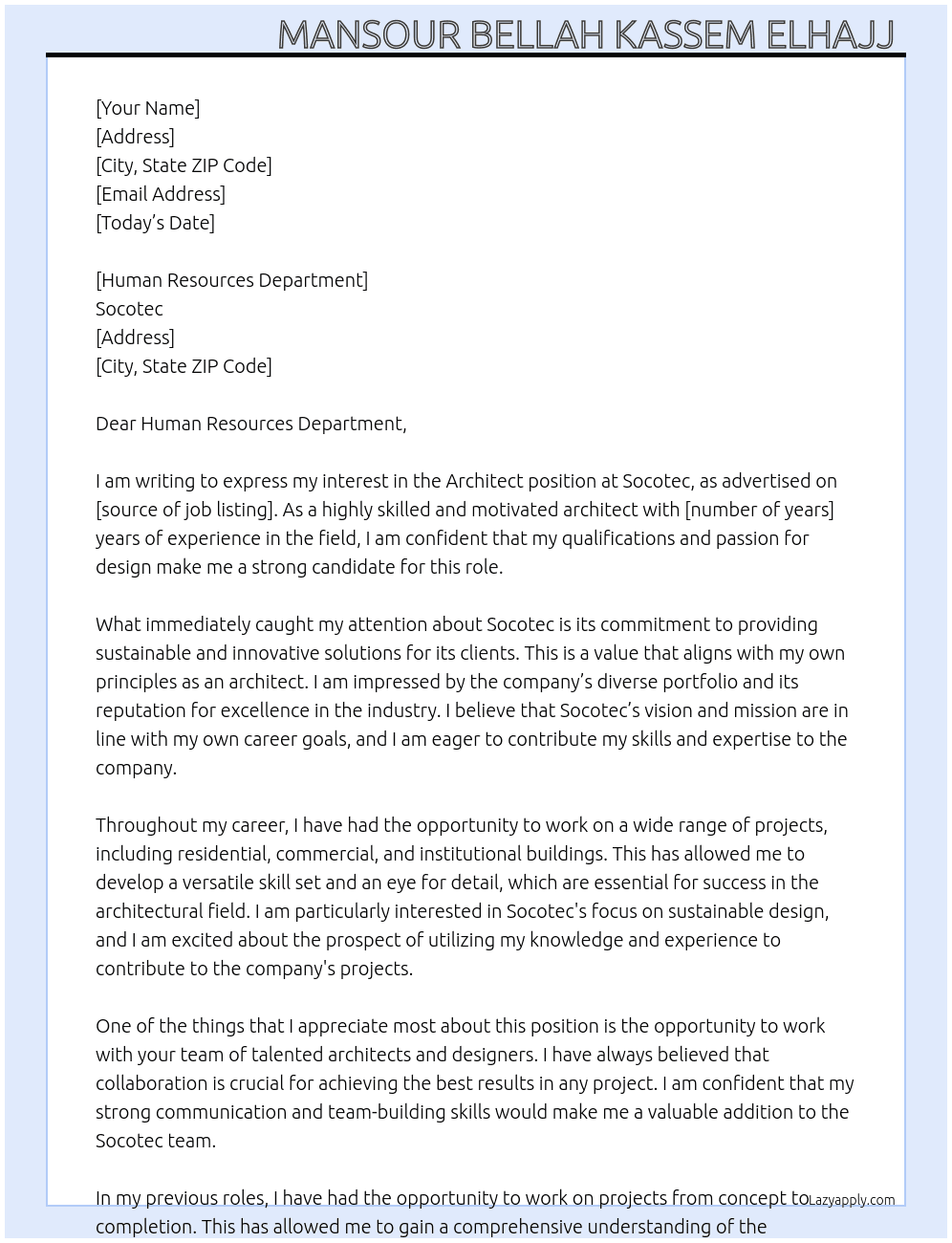 Architect  At Socotec Cover Letter
