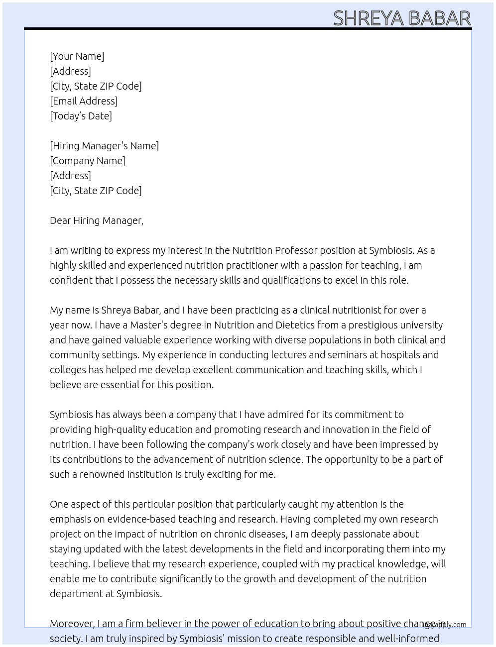 Nutrition Professor  At Symbiosis  Cover Letter