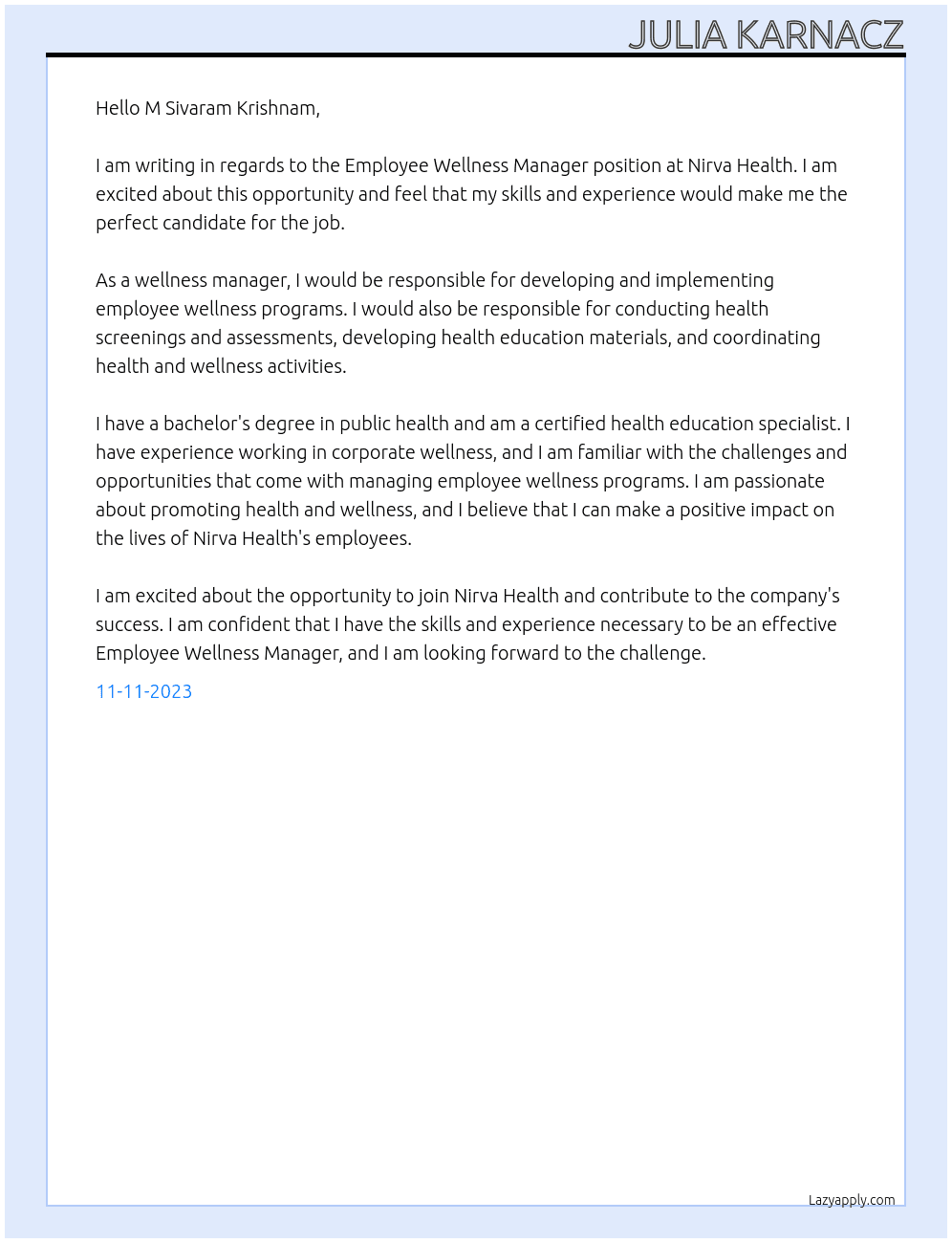 Employee wellness manager  At Nirva Health Cover Letter