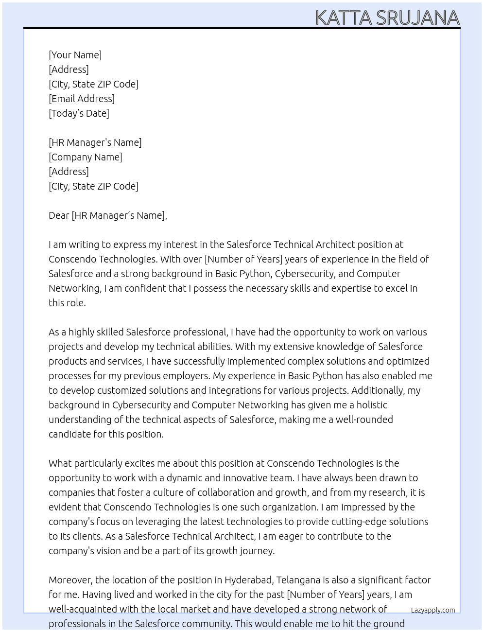 Salesforce Technical Architect  At Conscendo Technologies  Cover Letter