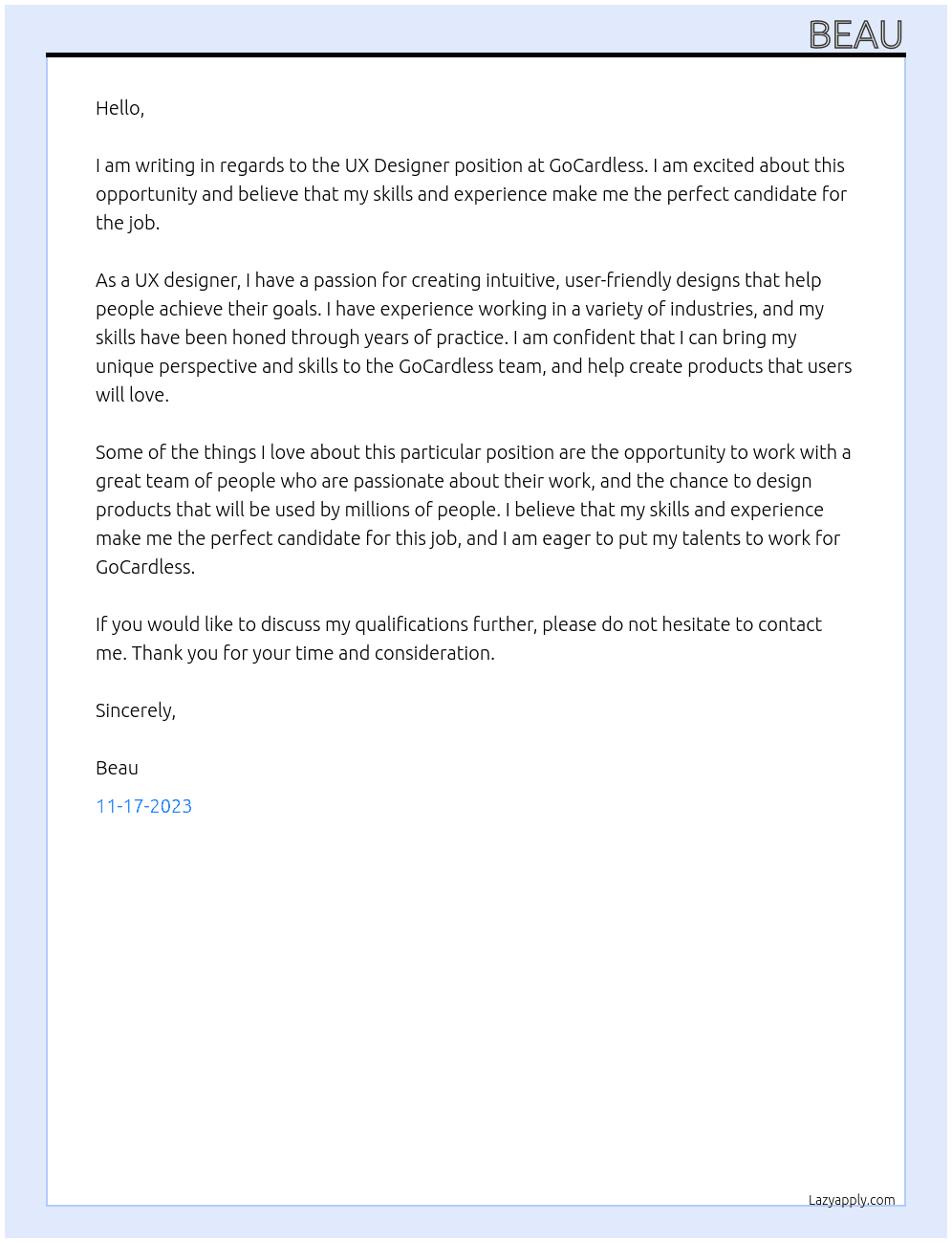 UX Designer At GoCardless Cover Letter