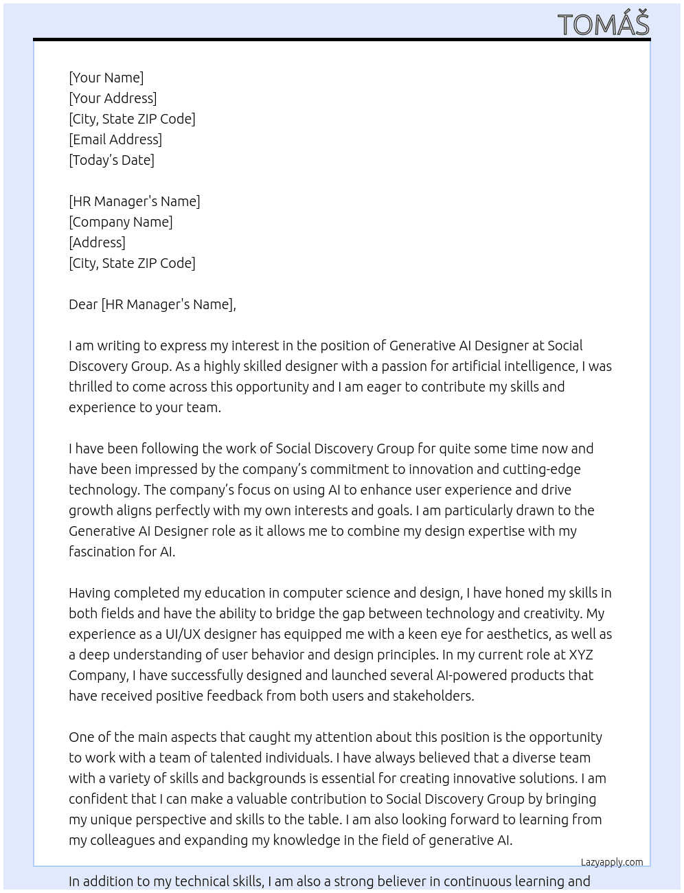 Generative AI Designer At Social Discovery Group Cover Letter