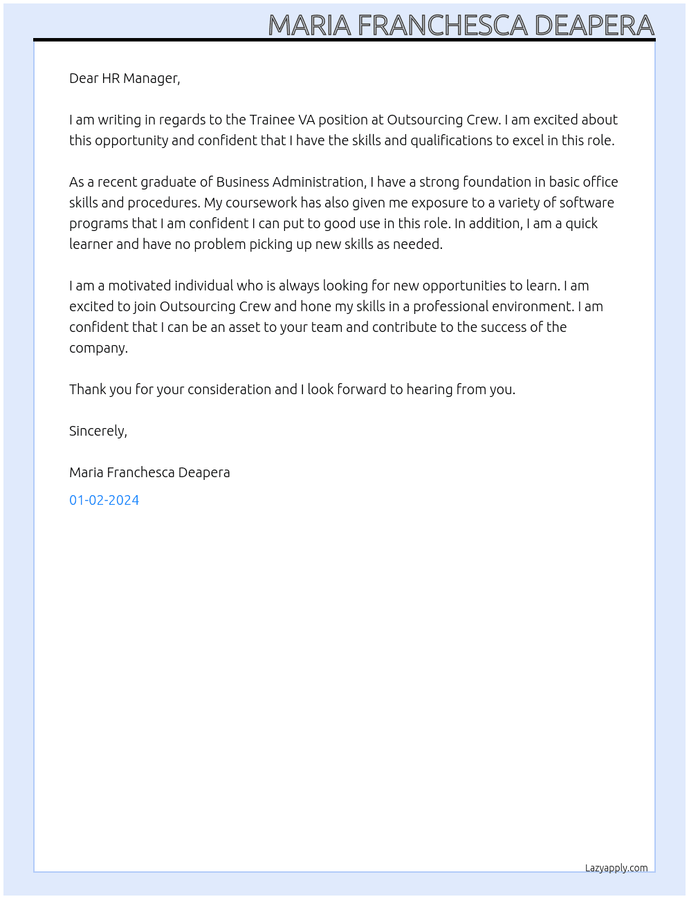 Trainee VA At Outsourcing Crew Cover Letter
