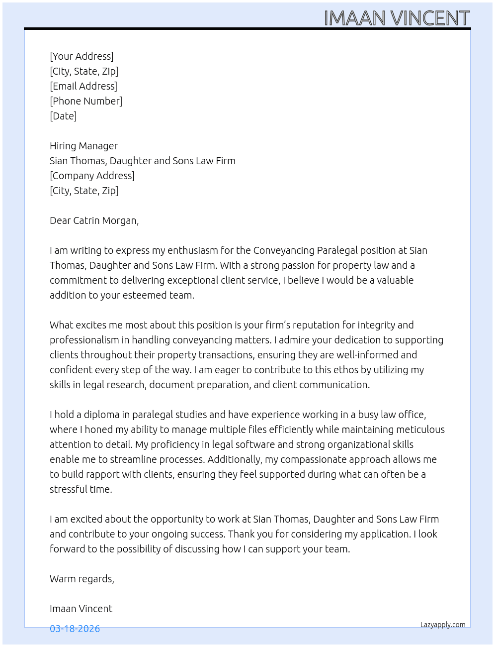 Conveyancing Paralegal At Sian Thomas, Daughter and Sons Law firm Cover Letter