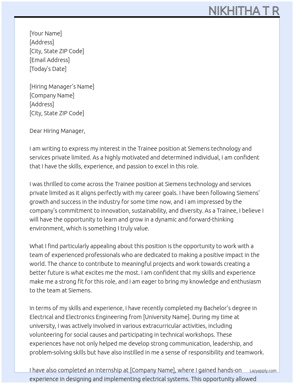 Trainee At Siemens technology and services private limited Cover Letter