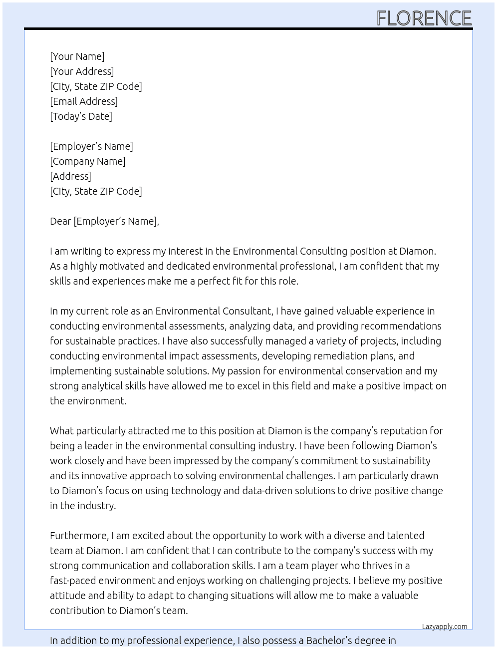 Environmental consulting At Diamon Cover Letter