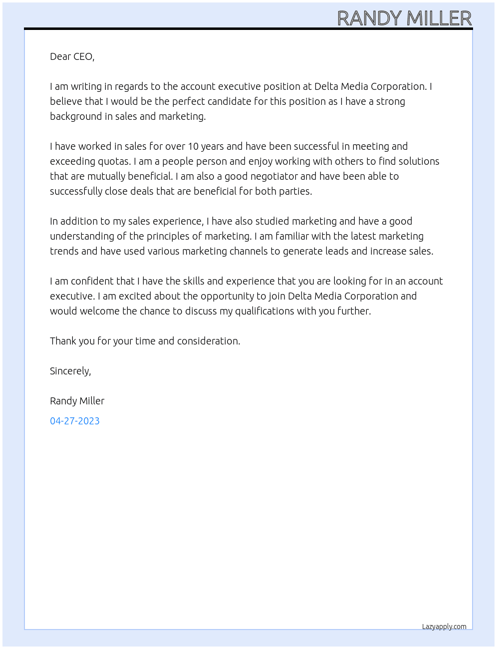 Account Executive  At Delta Media Corporation  Cover Letter