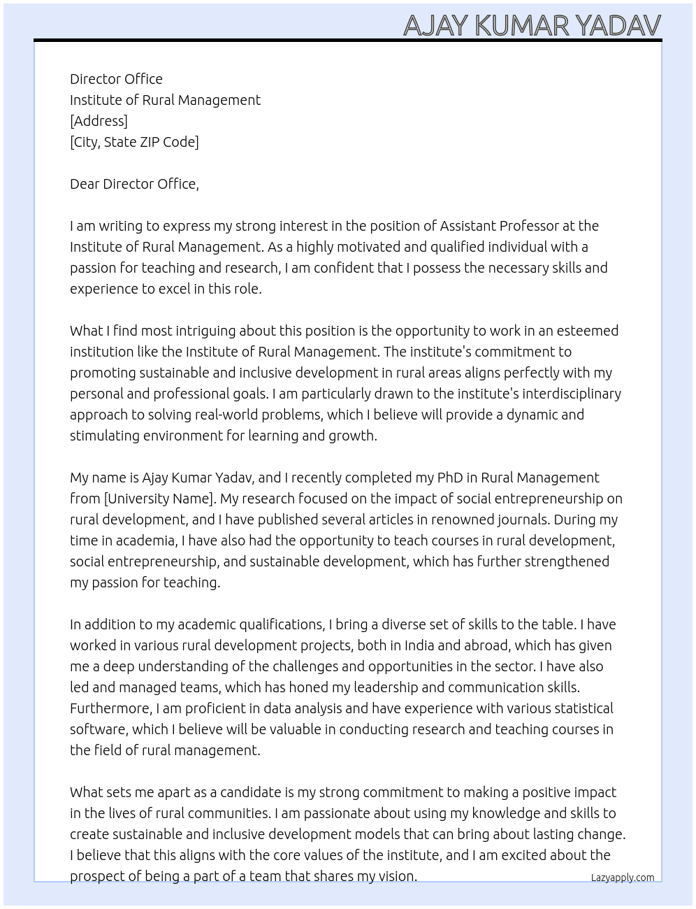 Assistant professor At Institute of Rural Management Cover Letter