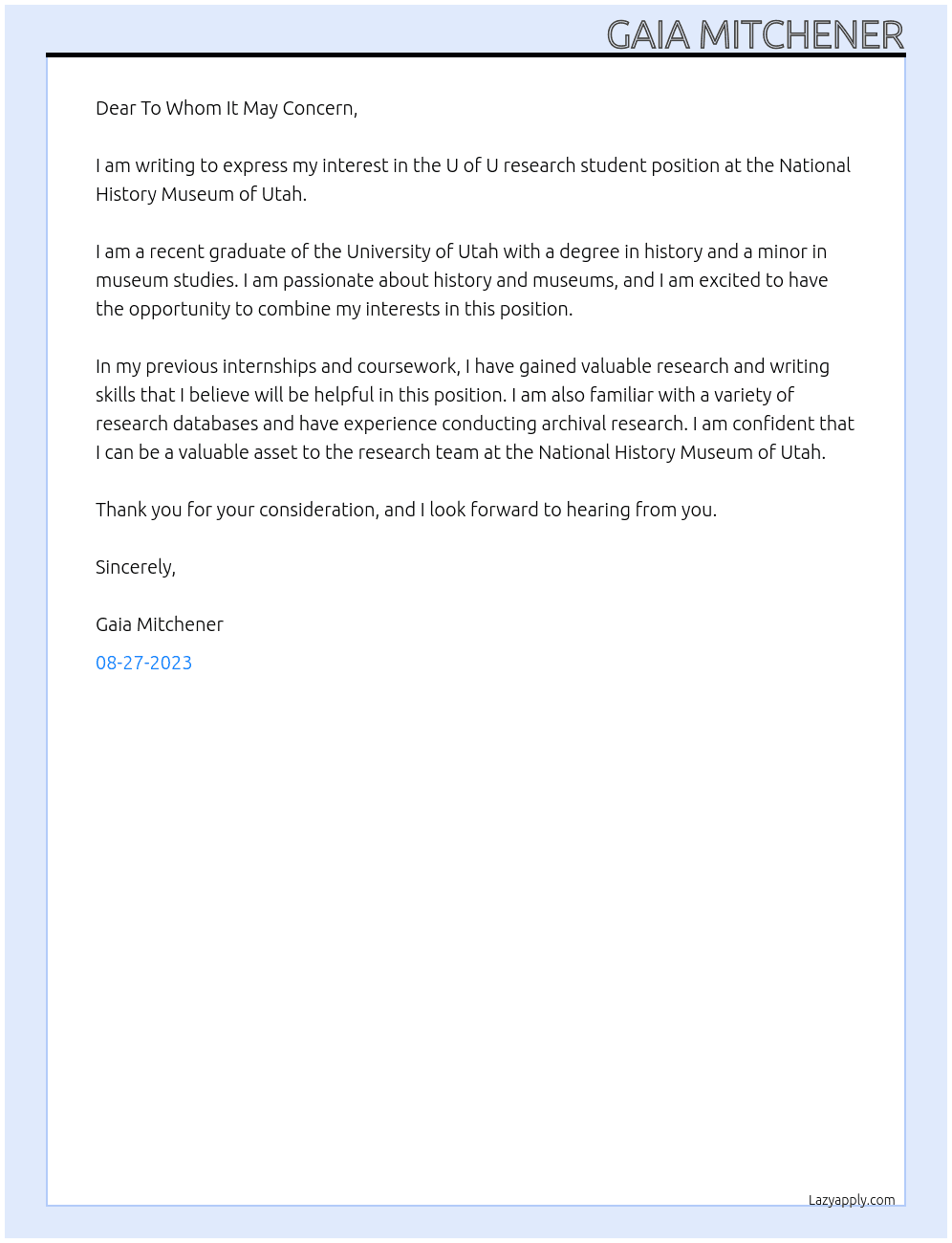 U of U research student At national history museum of utah Cover Letter