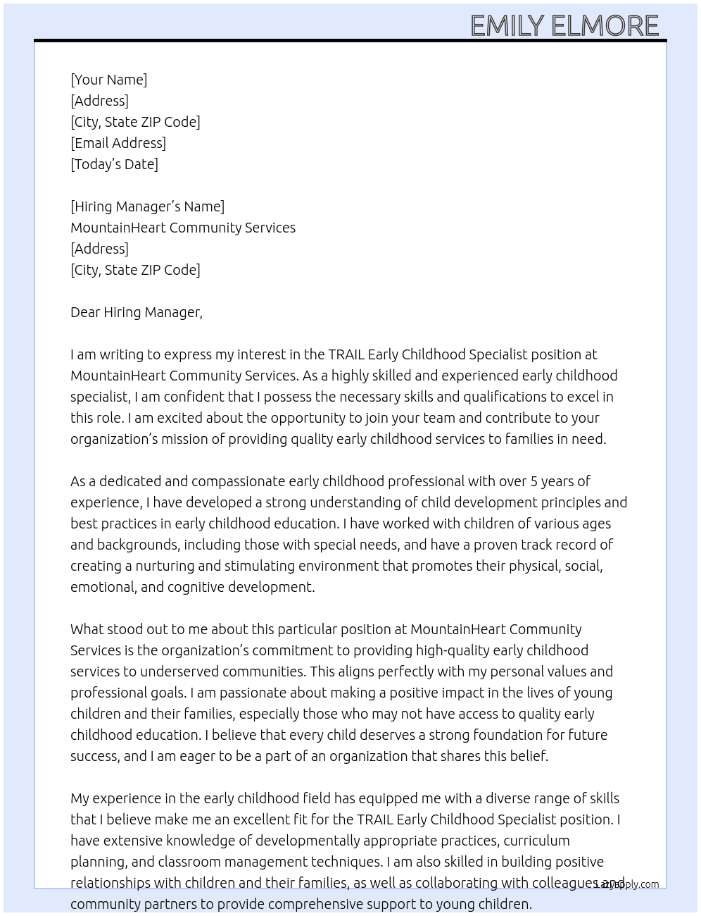TRAIL Early Childhood specialist  At MountainHeart Community Services  Cover Letter