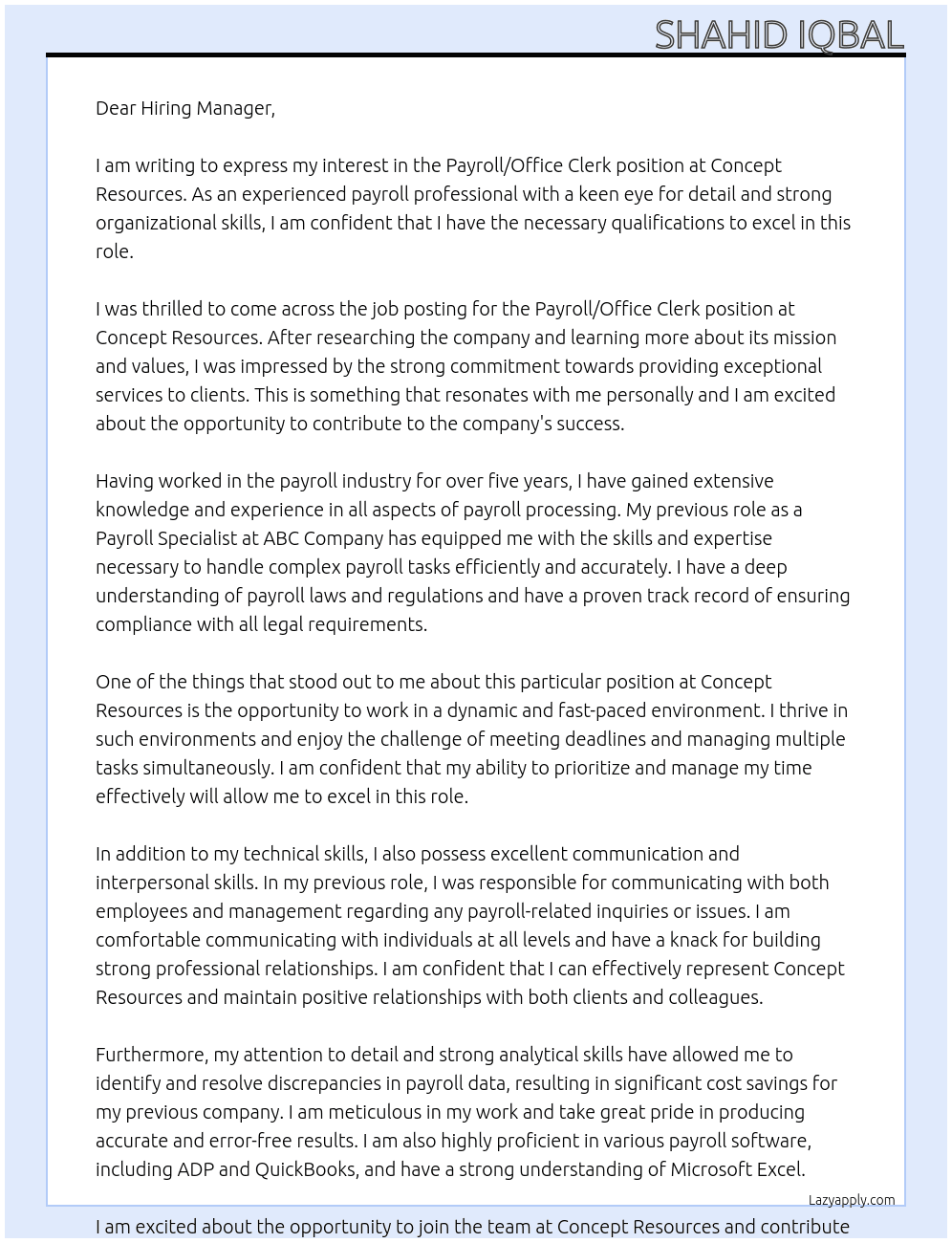 Payroll/Office Clerk At Concept Resources Cover Letter