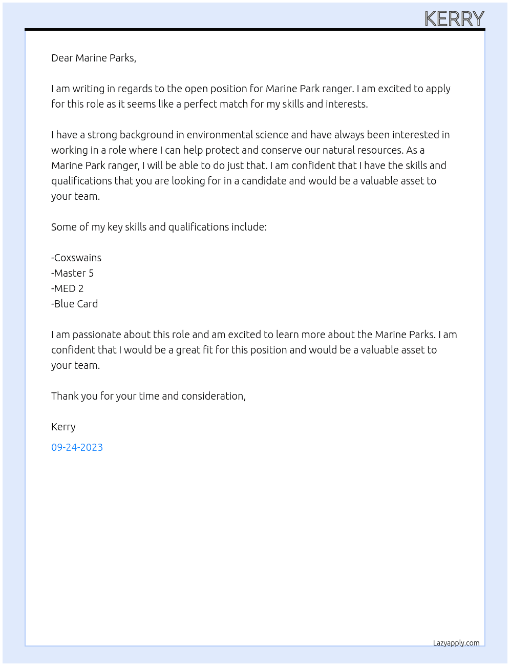 Marine Park ranger At Marine parks Cover Letter