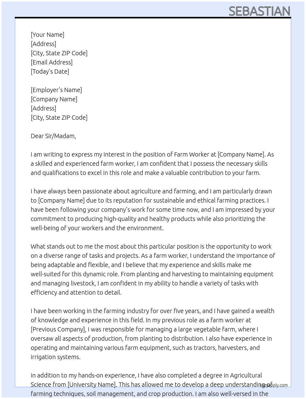 farm worker At Sir/Madam Cover Letter