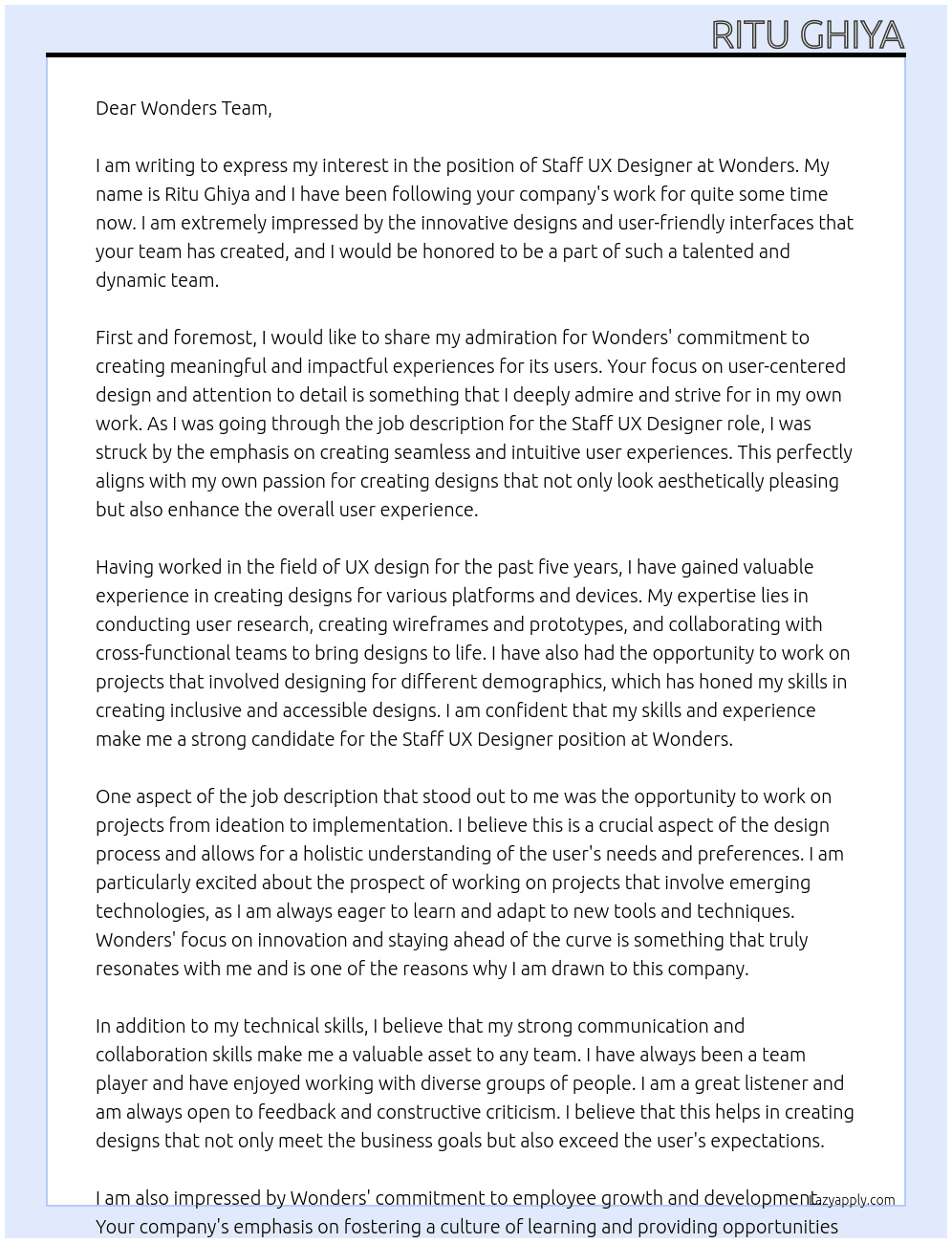Staff UX Designer At Wonders Cover Letter