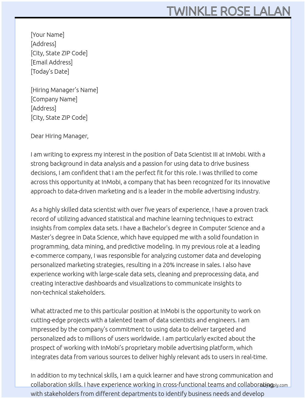 Data Scientist III At InMobi Cover Letter