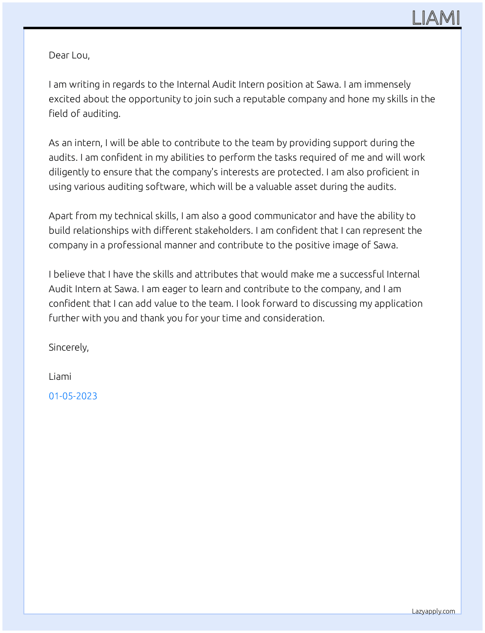 Internal Audit Intern At Sawa Cover Letter