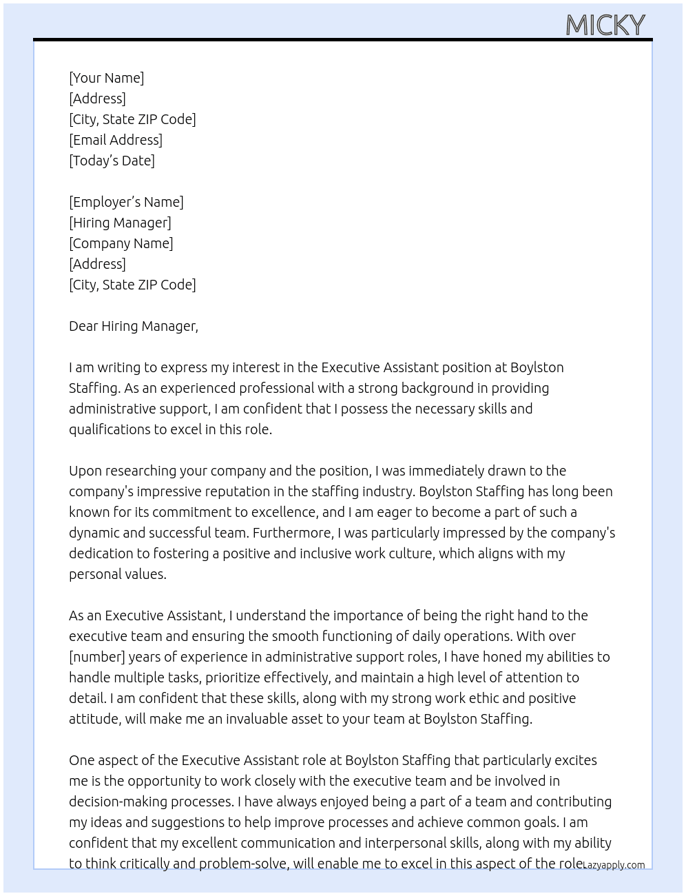 Executive Assistant At Boylston Staffing Cover Letter