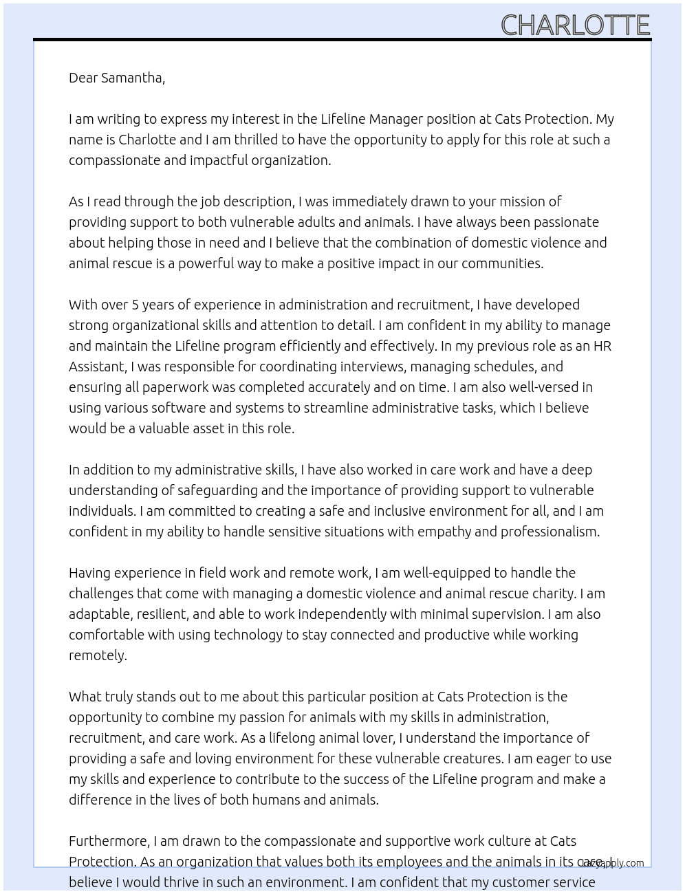 Lifeline Manager At Cats Protection Cover Letter