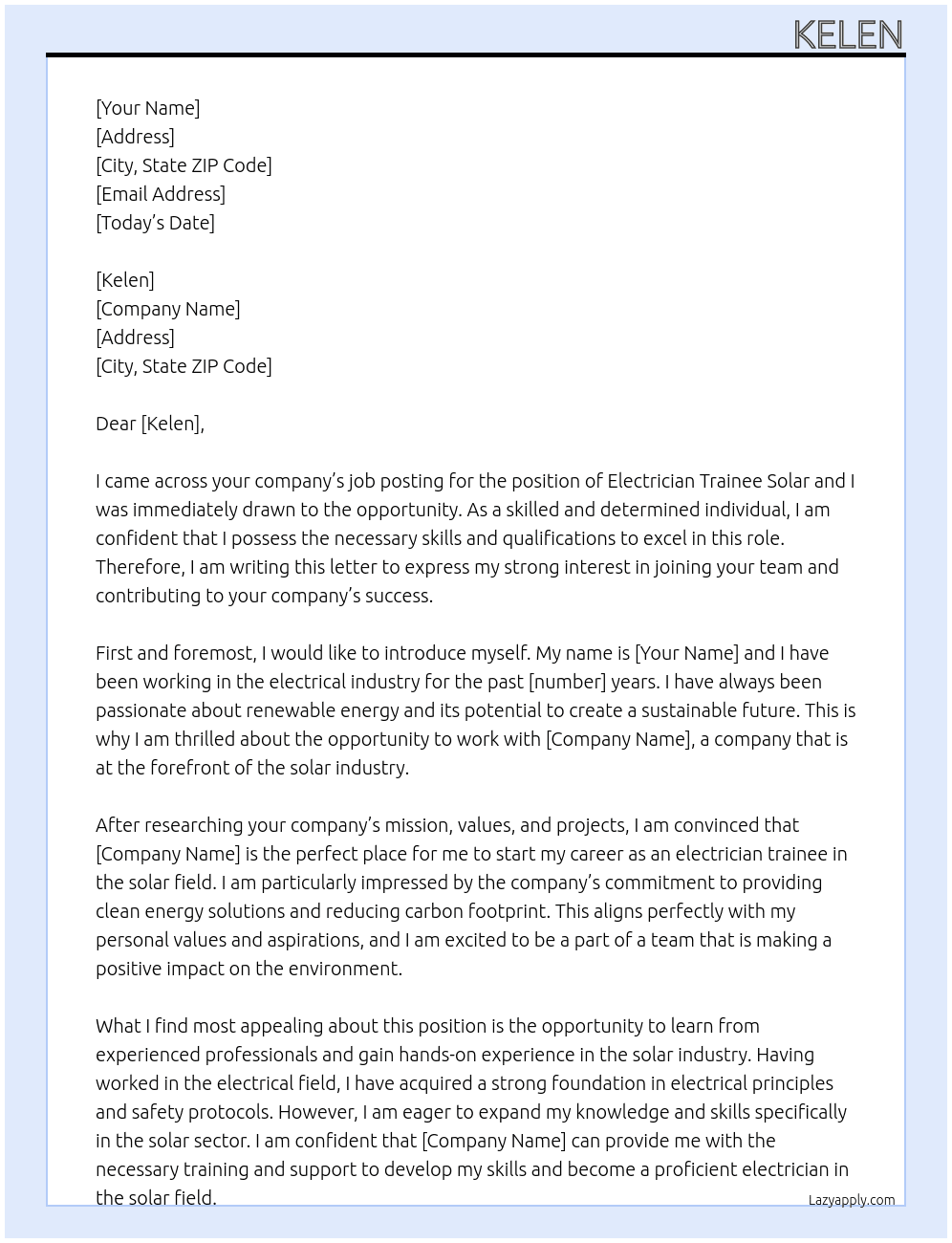 electrician trainee solar At kelen Cover Letter