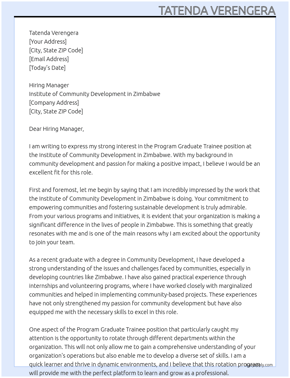 Program Graduate Trainee At Institute of Community Development in Zimbabwe  Cover Letter