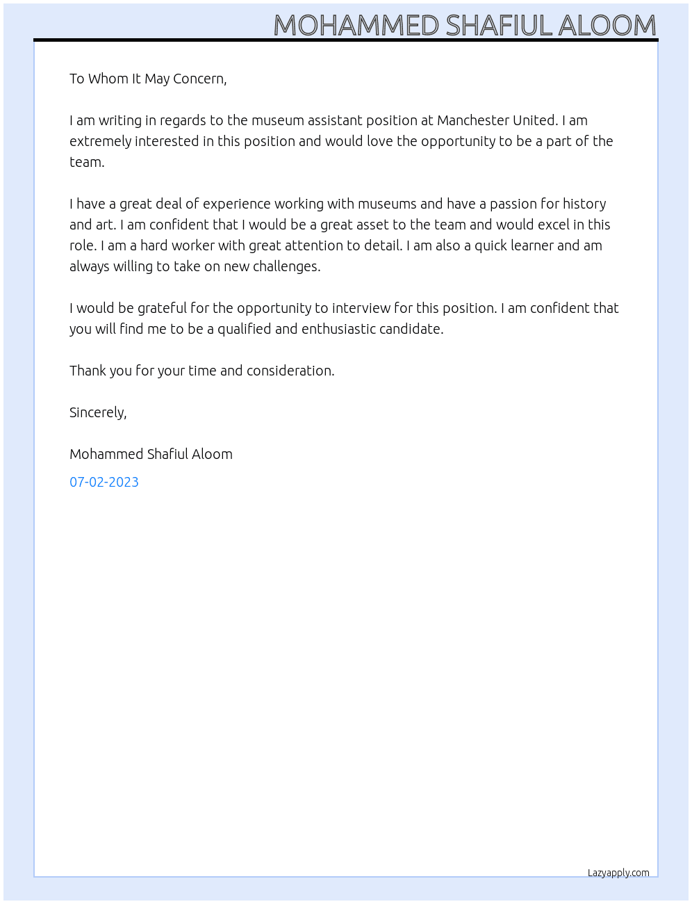 museum assistant At manchester united Cover Letter