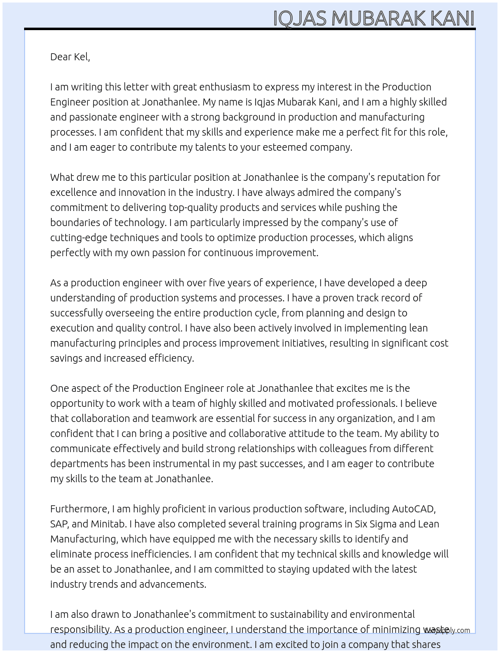 Production engineer  At Jonathanlee Cover Letter