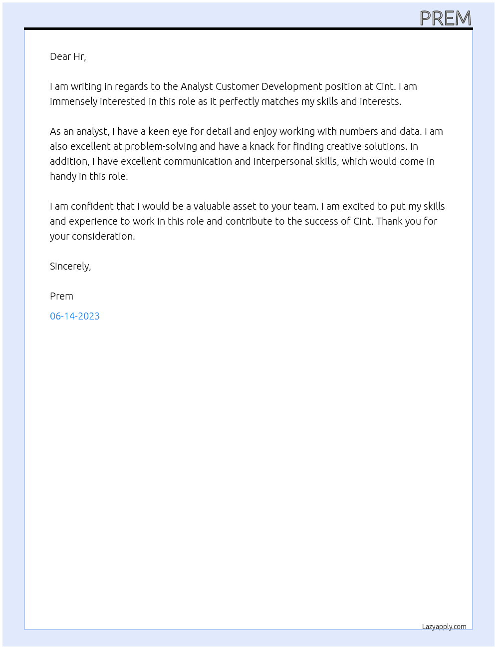 Analyst customer development  At Cint Cover Letter