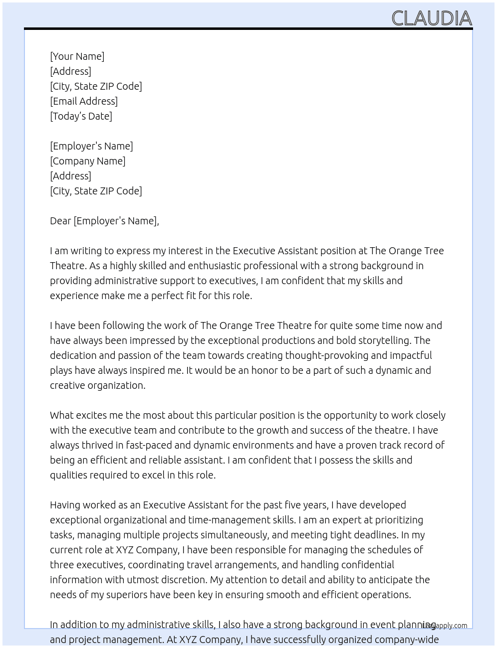 Executive Assistant At The Orange Tree Theatre Cover Letter