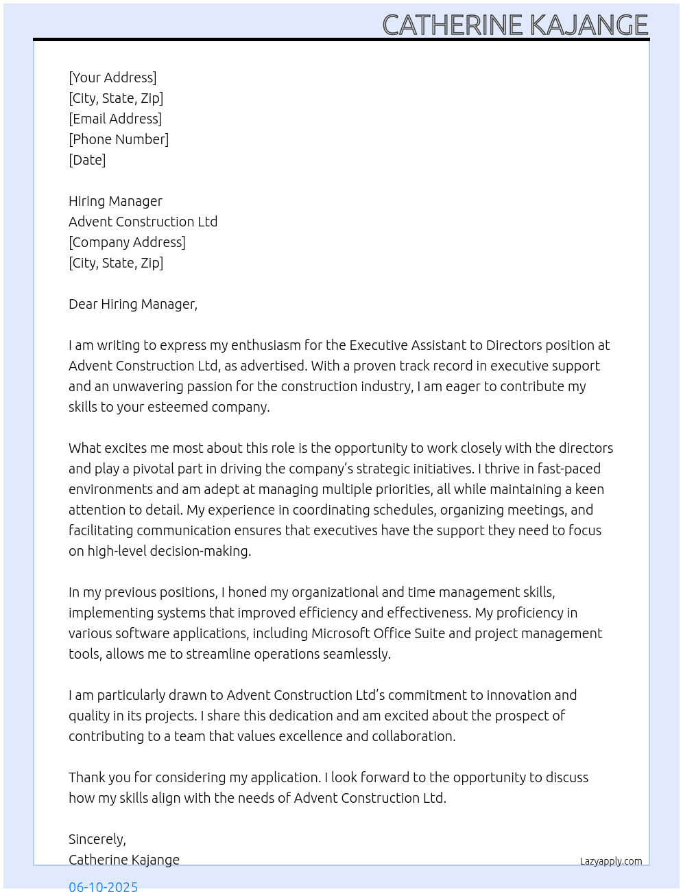 Cover letter for executive assisrant to directors - LazyApply
