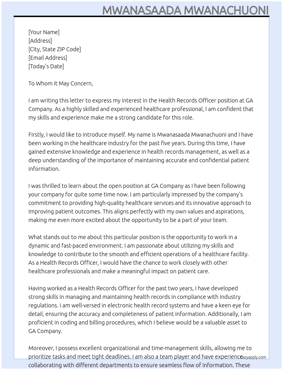 Health records officer At GA Company Cover Letter