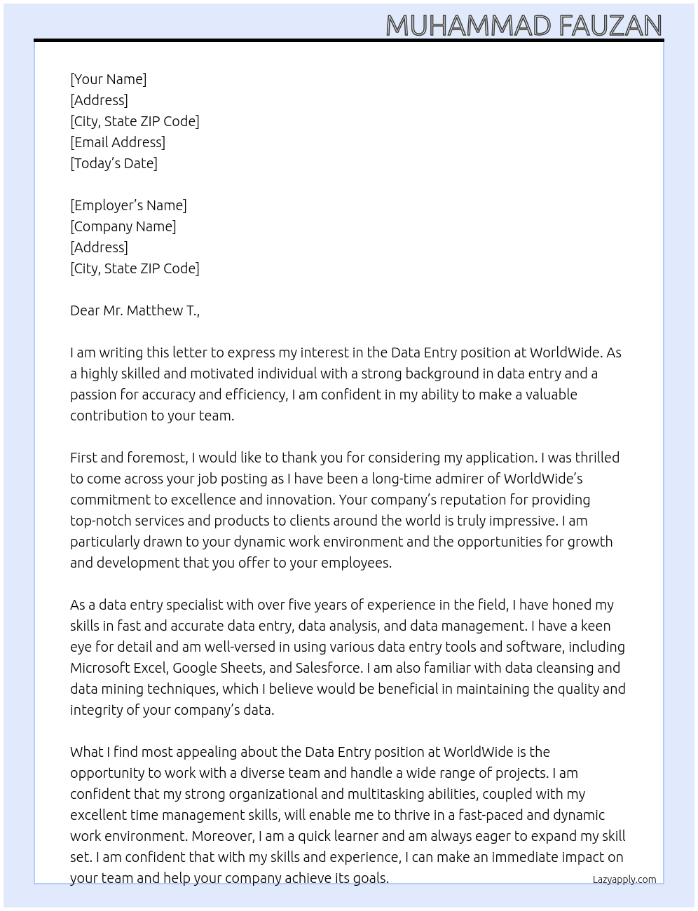 Data Entry At WorldWide Cover Letter