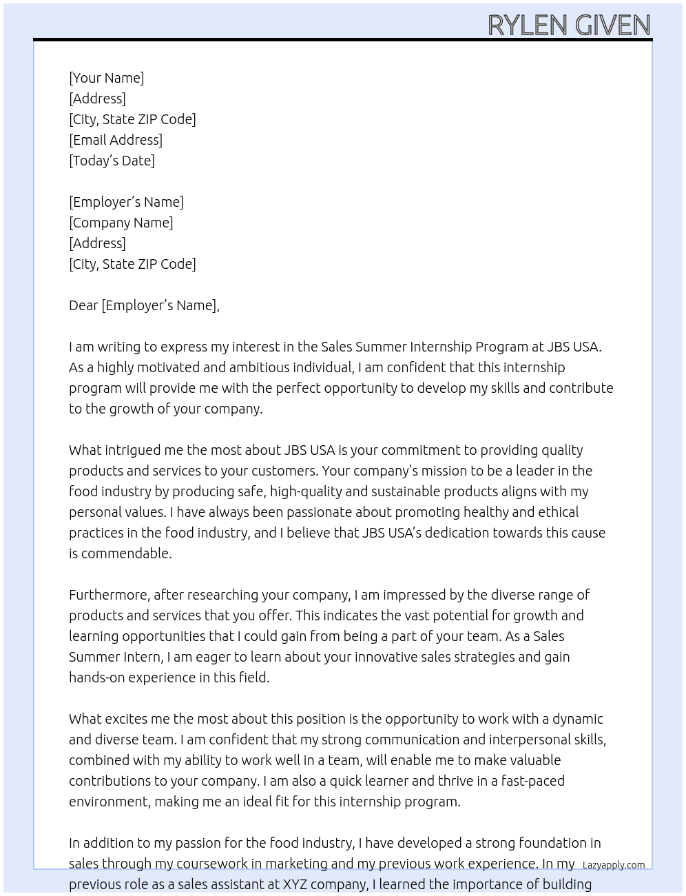 Sales Summer Internship Programram At JBS USA Cover Letter