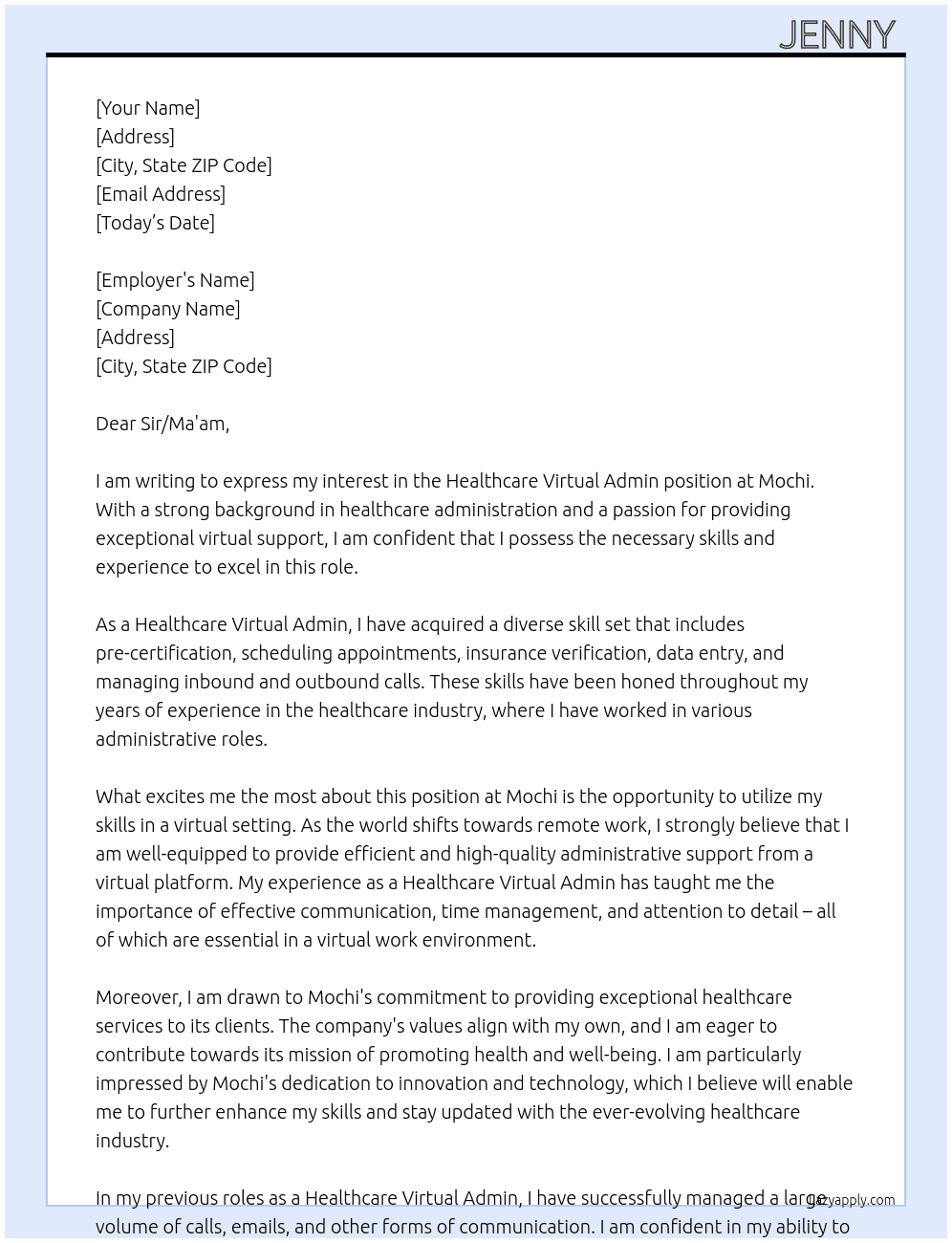 Healthcare virtual admin At Mochi Cover Letter