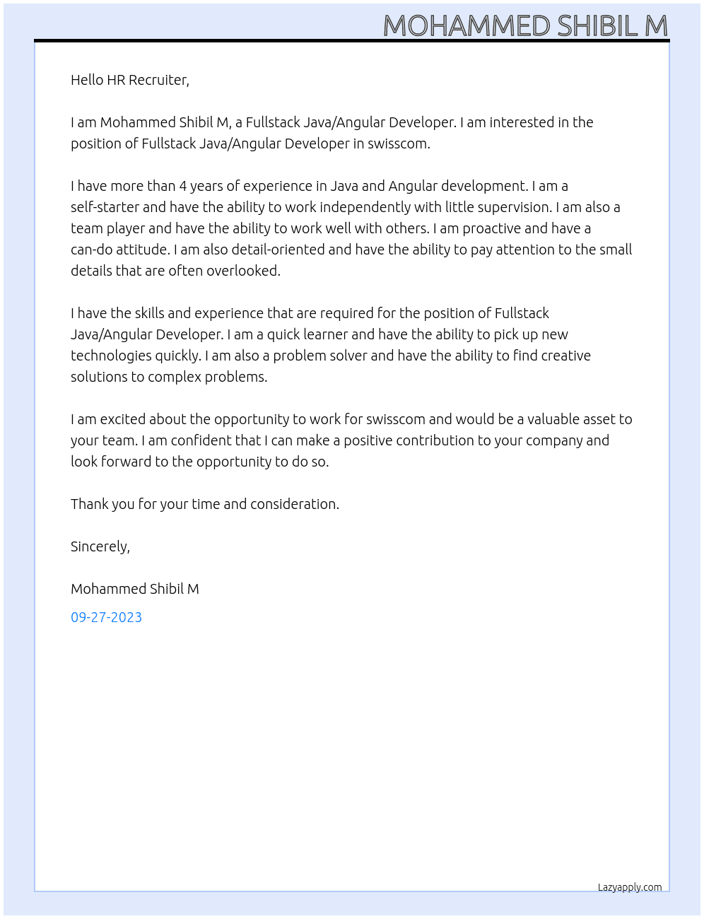 Fullstack Java/Angular Developer At swisscom Cover Letter