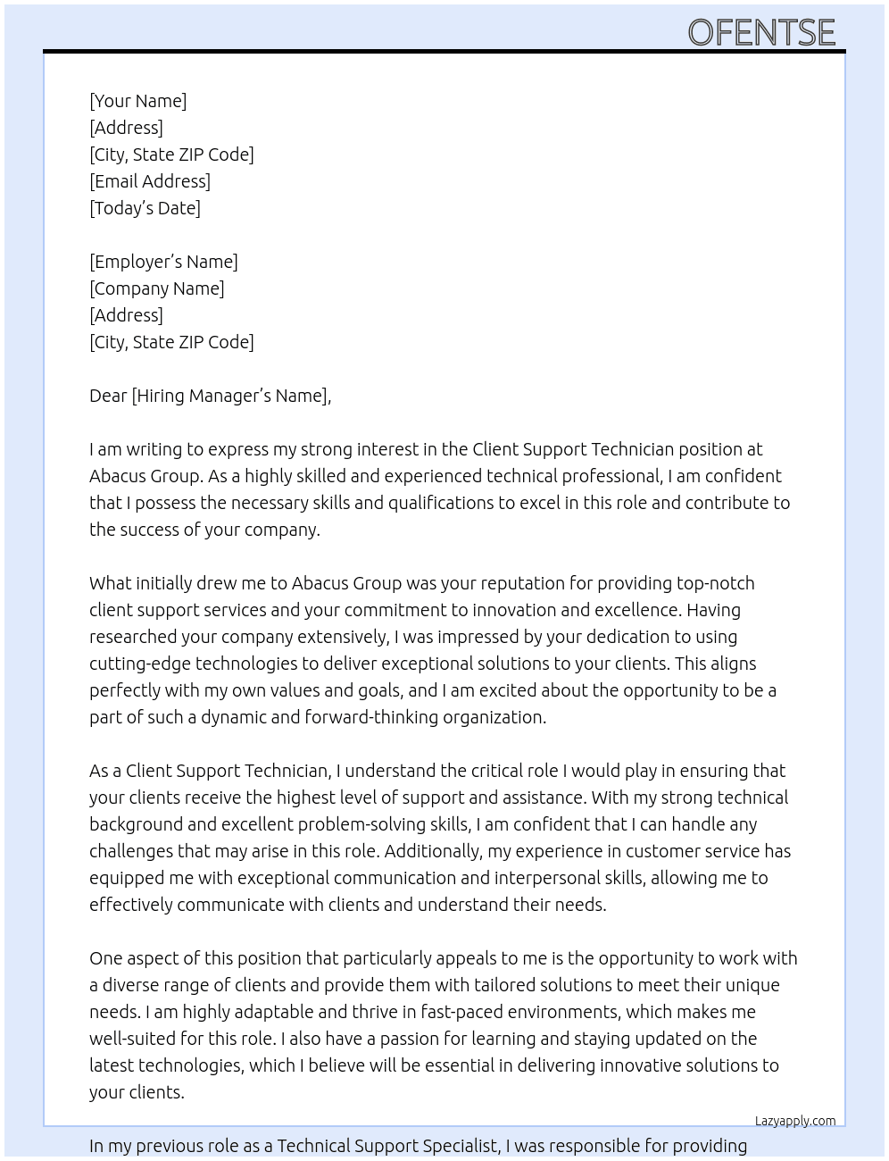 Client Support Technician At Abacus Group Cover Letter