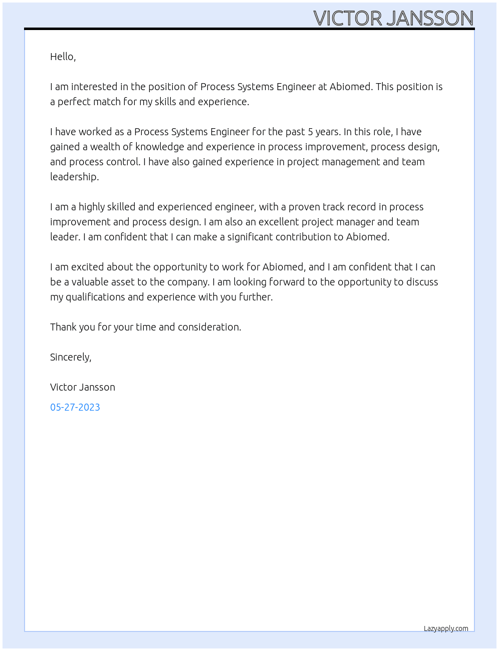 Process Systems Engineer At Abiomed Cover Letter