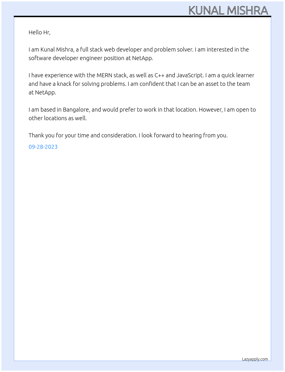 Software developer engineer  At NetApp Cover Letter