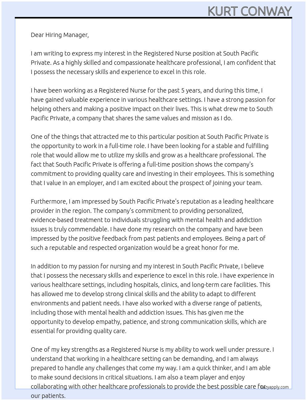 Registered Nurse At South Pacific Private Cover Letter
