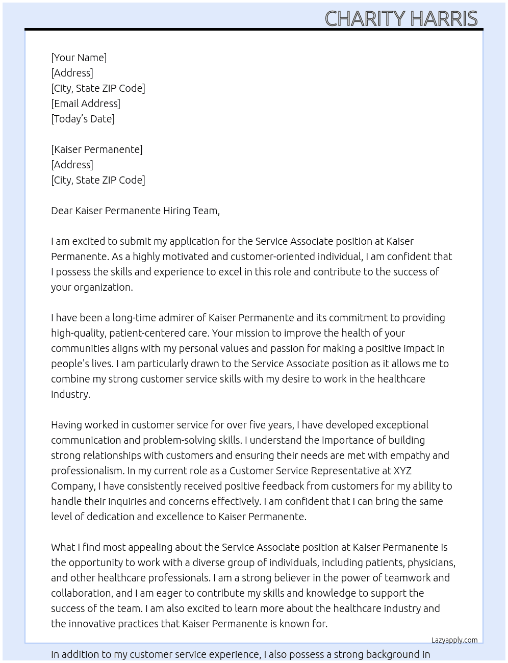 Service Associate At Kaiser Permanente Cover Letter
