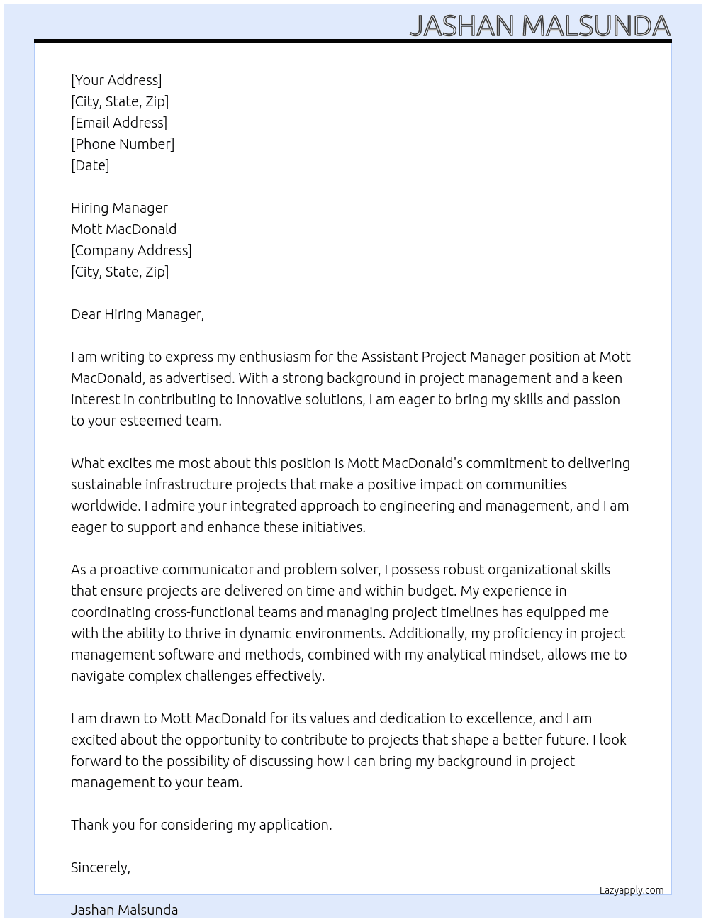 Assistant project manager At mott macdonald Cover Letter