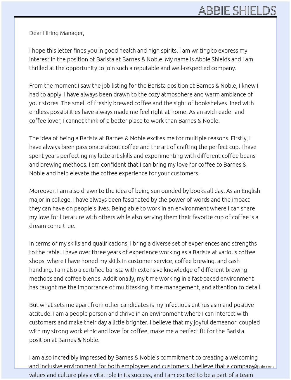 Barista At Barnes & Noble Cover Letter