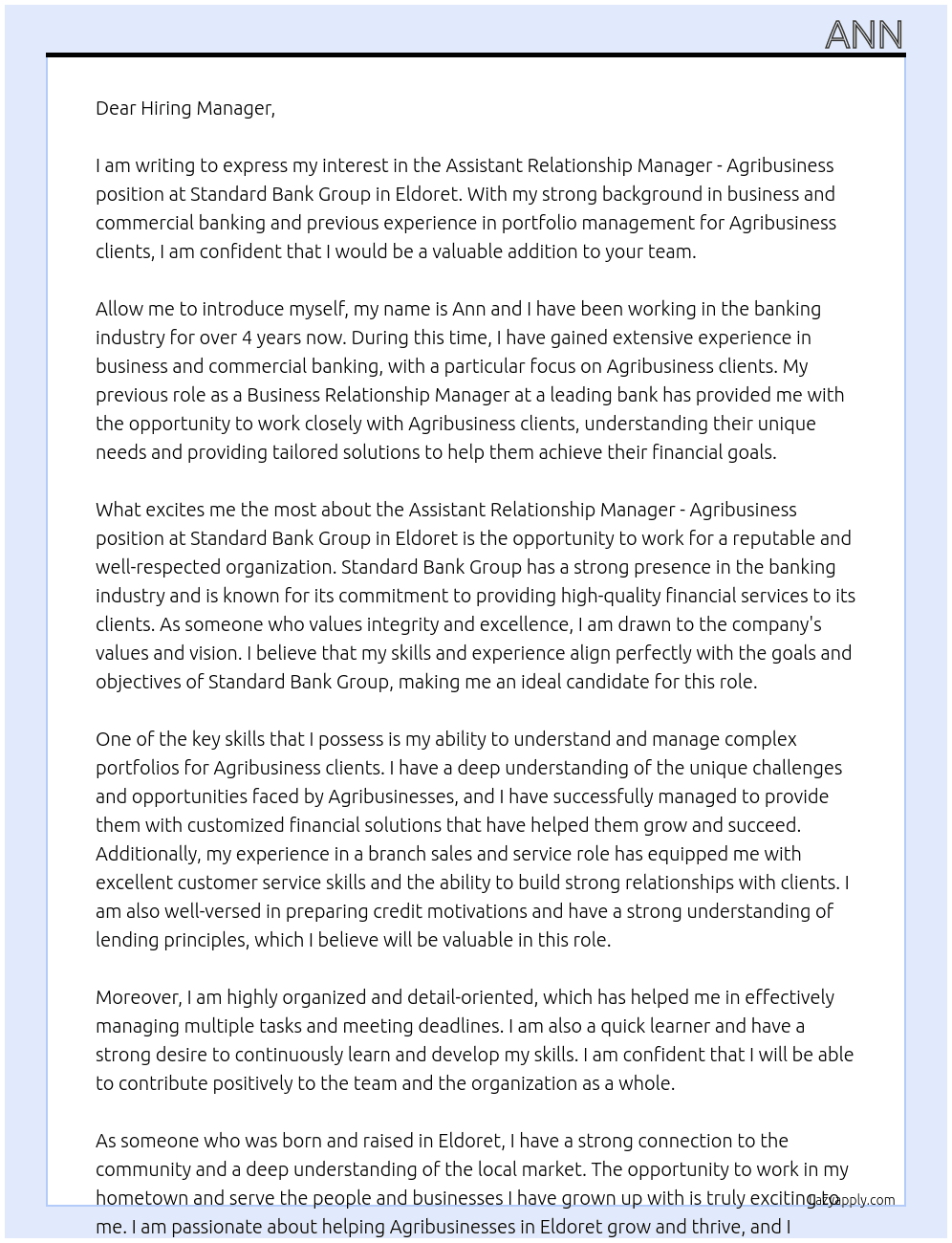 Assistant Relationship Manager - Agribusiness At  Standard Bank Group -Eldoret Cover Letter