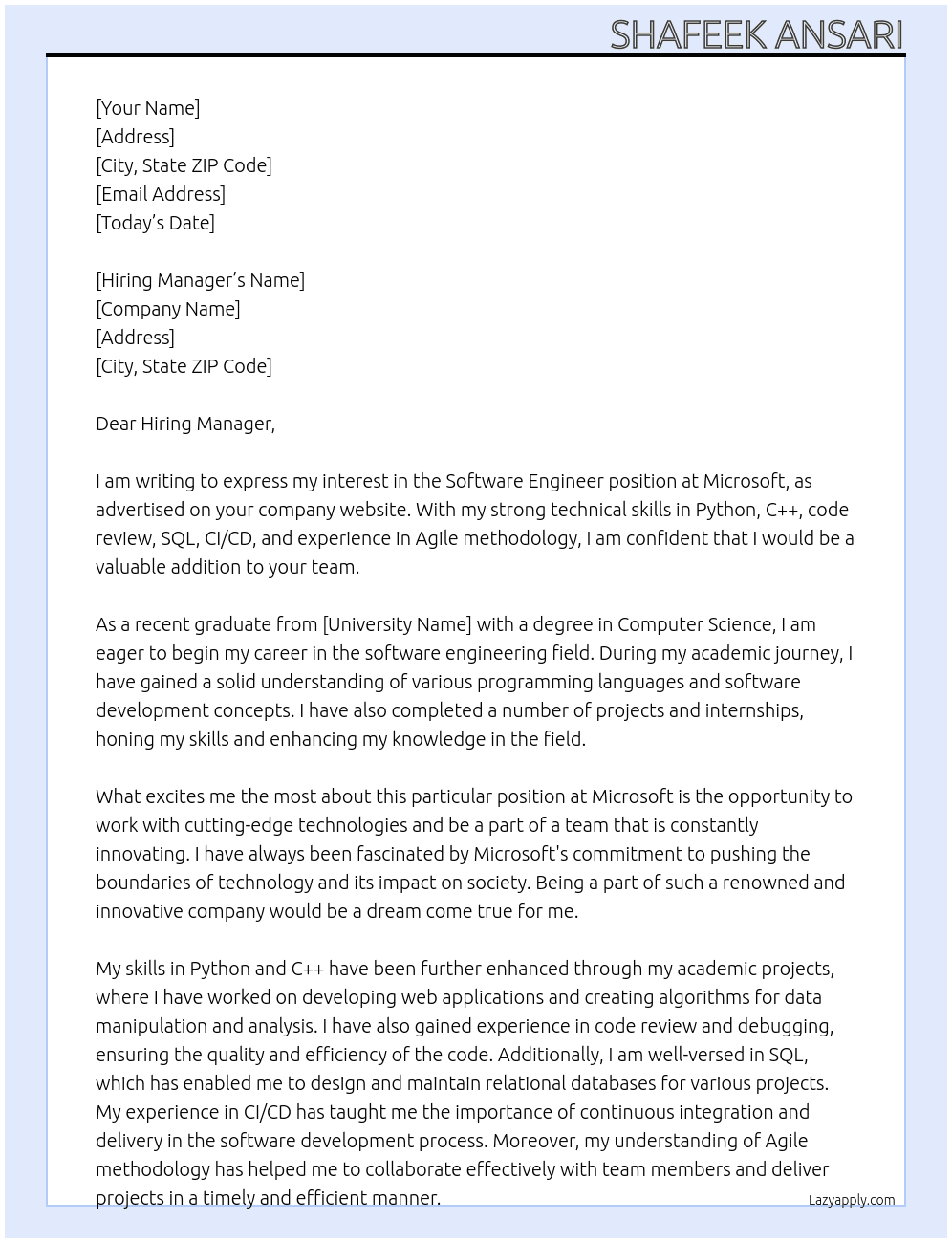 Software engineer (fresher) At Microsoft  Cover Letter