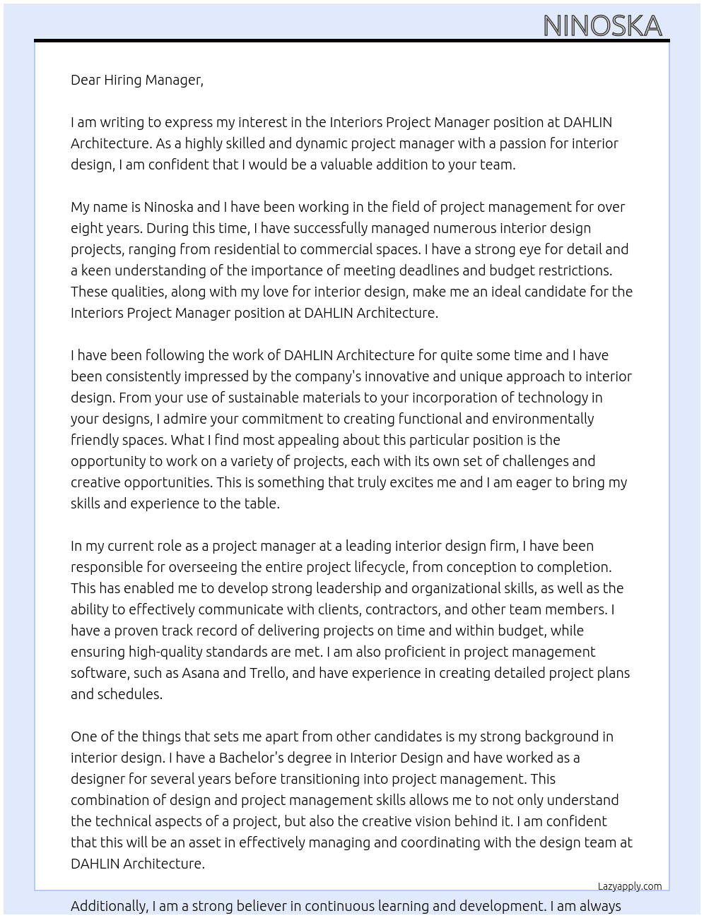 interiors project manager At DAHLIN Architecture Cover Letter