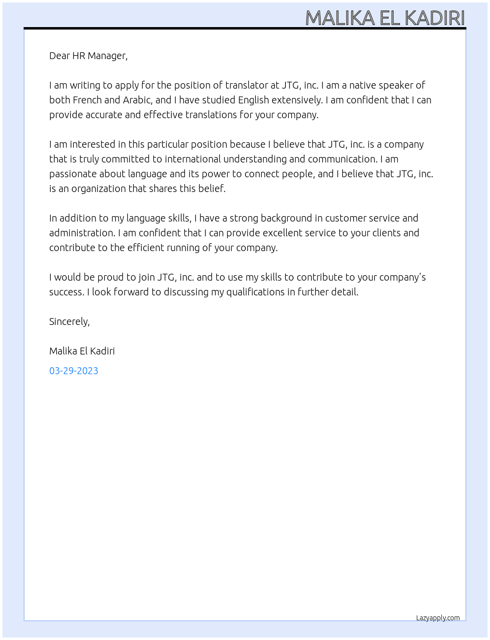 Translator At JTG, inc. Cover Letter