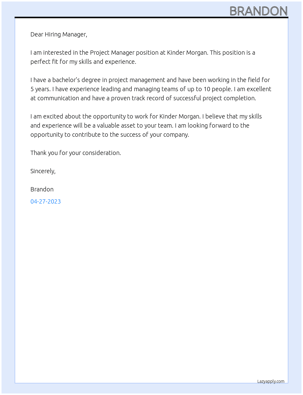 Project Manager At Kinder Morgan Cover Letter