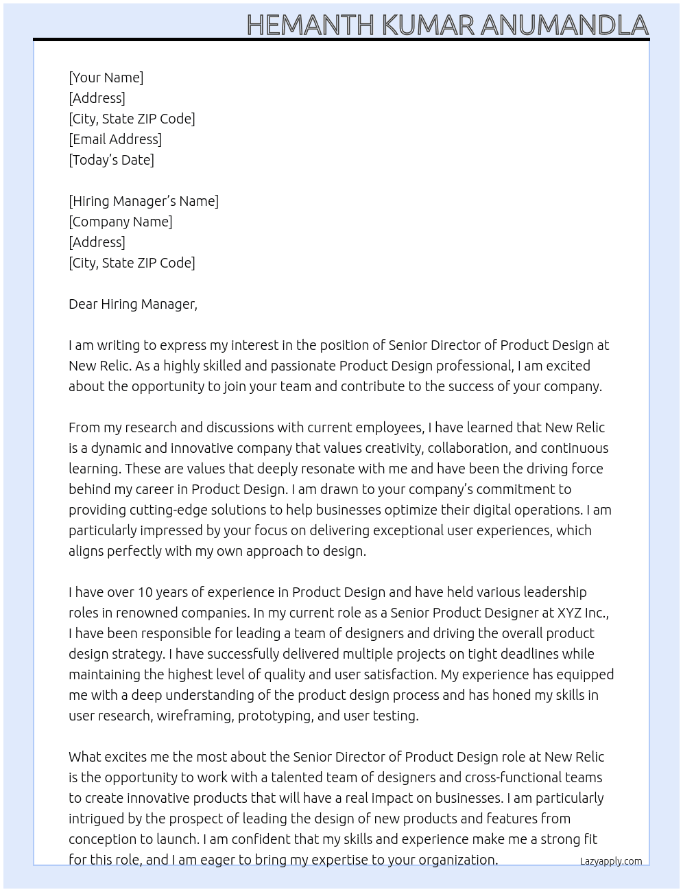 Senior Director -Product Design At New Relic Cover Letter