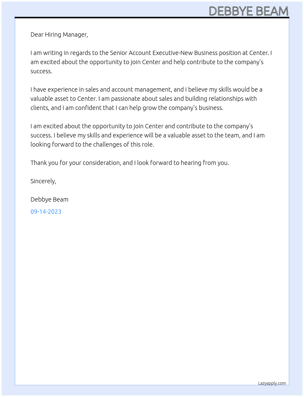 Senior Account Executive-New Business At Center Cover Letter