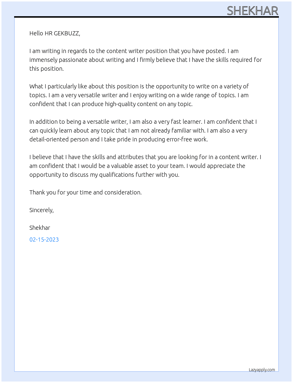 CONTENT WRITER At GEKBUZZ Cover Letter