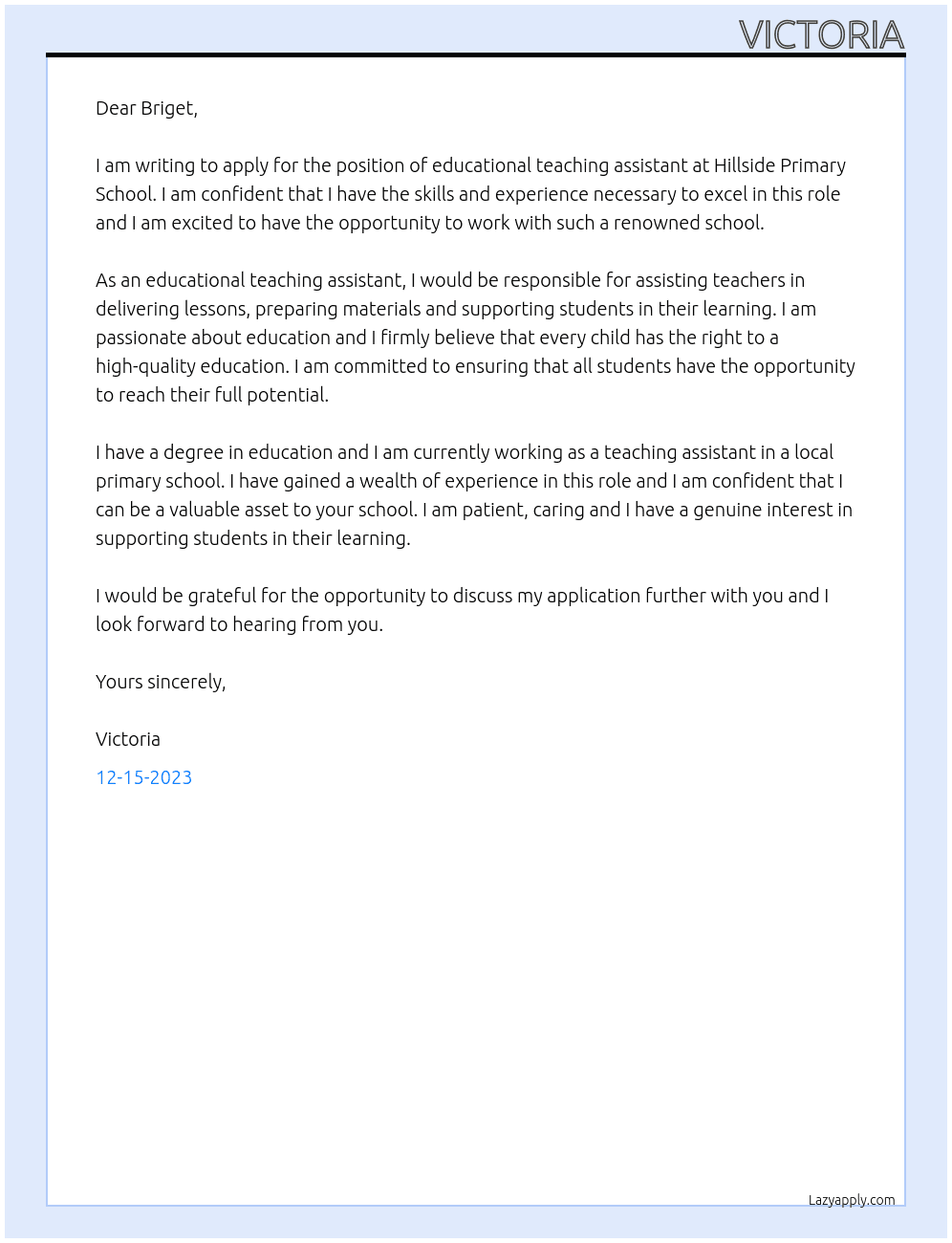 educational teaching assistant At hillside primary school Cover Letter